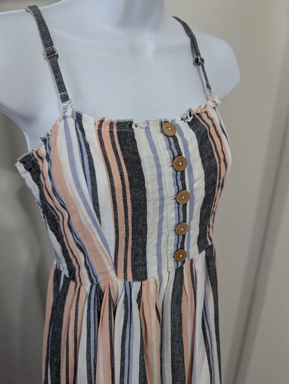 Free People Striped Button-Front Maxi Dress in Peach, Navy & White